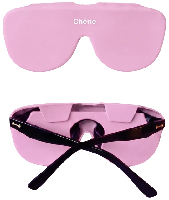 Sunglasses cover in Rosé — Chérie — shown from the front with the printed Chérie logo and from the back fitted over a pair of black sunglasses.