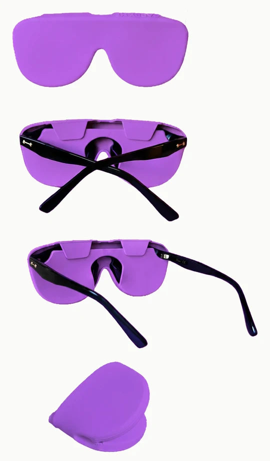 The Chérie Cover shown from four angles — front, fitted over a pair of sunglasses from the back, a side view, and the cover on its own.